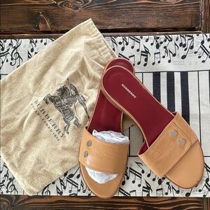 Burberry Tan Large Leather Silver Logo Faux Snap Strap Sandals